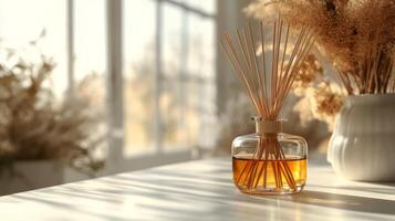 A vase with sticks of reed on a table photo