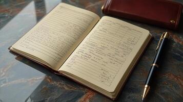 A pen and notebook on a table with a leather case photo