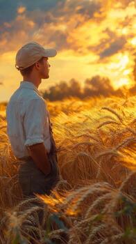 A man in a hat stands in a wheat field at sunset photo