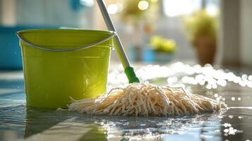 A bucket and mop on a floor photo