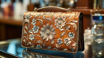 A purse with flowers on it sitting on a table photo