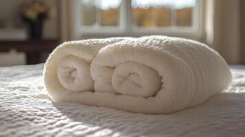 A white bed with a white blanket photo
