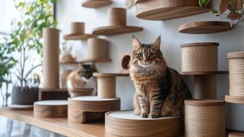 A cat sitting on top of a wooden shelf photo