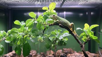 A lizard is sitting on a branch in a green tank photo