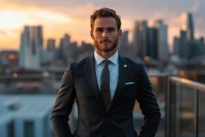 A man in a suit and tie standing in front of a cityscape photo
