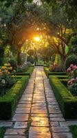 A pathway leading to a garden with flowers and trees photo