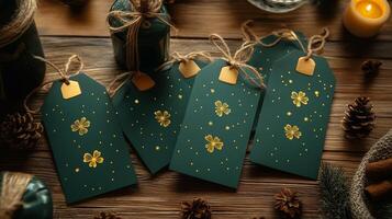 Christmas gift tags with gold foil on dark green background photo