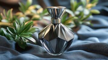 A perfume bottle on a blue cloth with a plant photo
