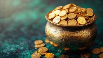 Gold coins in a pot on a green background photo