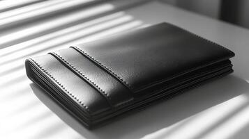 A black leather wallet sitting on a table photo