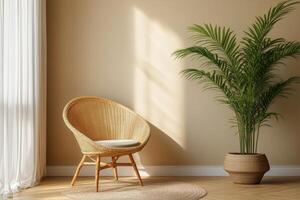 A wicker chair and plant in front of a window photo