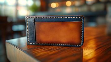 A wallet sitting on a table with a bar in the background photo