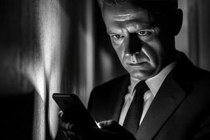 A man in a suit and tie looking at his phone photo
