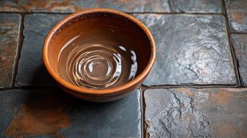 A brown bowl of water sitting on a tile floor photo