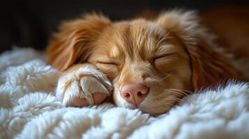 A close up of a dog sleeping on a blanket photo