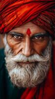 An old man with a red turban and white beard photo