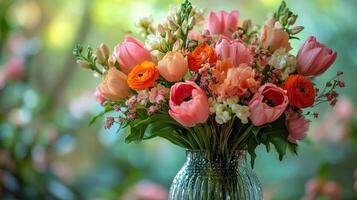 A vase filled with pink and orange flowers photo