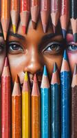 A woman surrounded by colored pencils photo