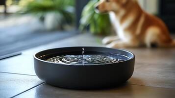A dog is sitting in front of a bowl with water photo