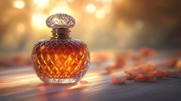A bottle of perfume on a wooden table photo