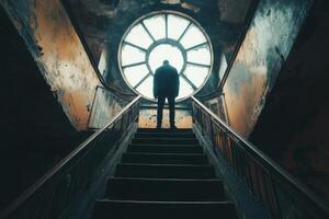 A man standing on the stairs of an old building with a clock in the window photo
