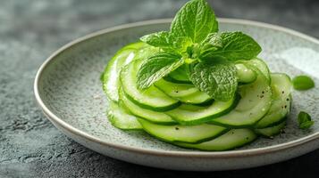 A plate of cucumber slices with mint leaves photo