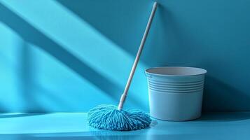 A mop and bucket on a blue surface photo