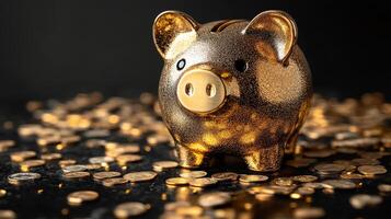 Golden piggy bank on black background with coins photo