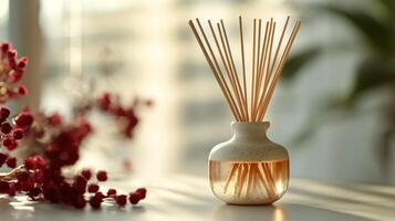 A vase with sticks of reed in it photo