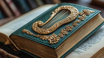 An open book with a golden harp on top photo