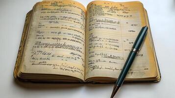 An open book with writing on it and a pen photo