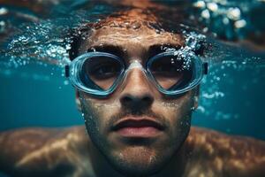 A man wearing goggles and swimming in the water photo