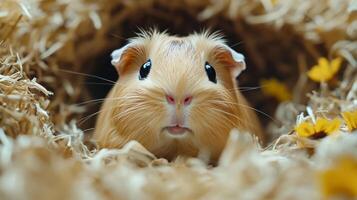 A guinea is looking out from a hole in straw photo