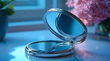 A compact mirror on a table with a vase of flowers photo