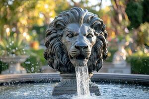 A lion head fountain in a garden photo