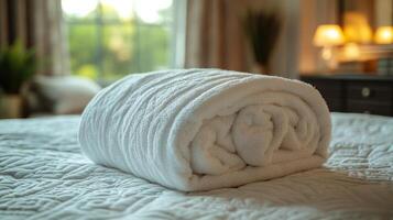 A white towel is rolled up on a bed photo