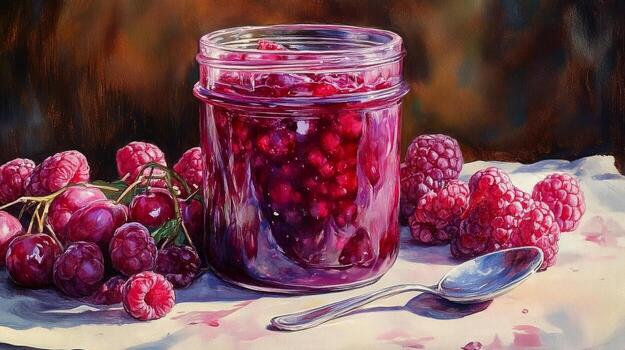 A painting of a jar of raspberry jam with a spoon photo