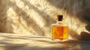A bottle of alcohol sitting on a table in front of a wall photo