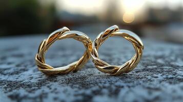 Two gold wedding rings on a stone surface photo