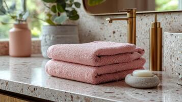 A pink towel on a counter next to a vase photo