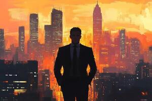 A man in a suit stands in front of a cityscape photo