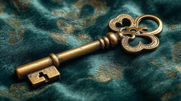 An old key on a green velvet background photo