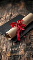 A diploma with a red ribbon on a wooden table photo