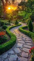 A stone path leads to a garden with flowers and trees photo