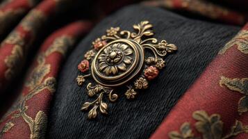 A brooch on a red and black fabric photo