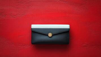 A black and white purse on a red wall photo
