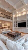 A large living room with white furniture and a large tv photo