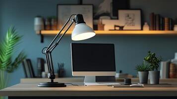 A desk with a computer, lamp and bookshelf photo