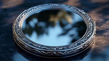 A mirror is shown on a table photo