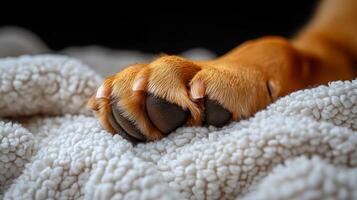 A close up of a dog's paw on a blanket photo